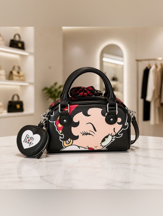 Betty Boop Handbags - Betty Boop Black Satchel Crossbody Bag with Heart Coin Purse